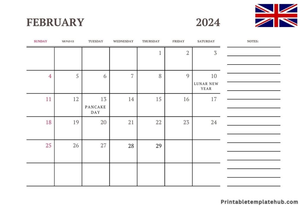 February 2024 UK Calendar