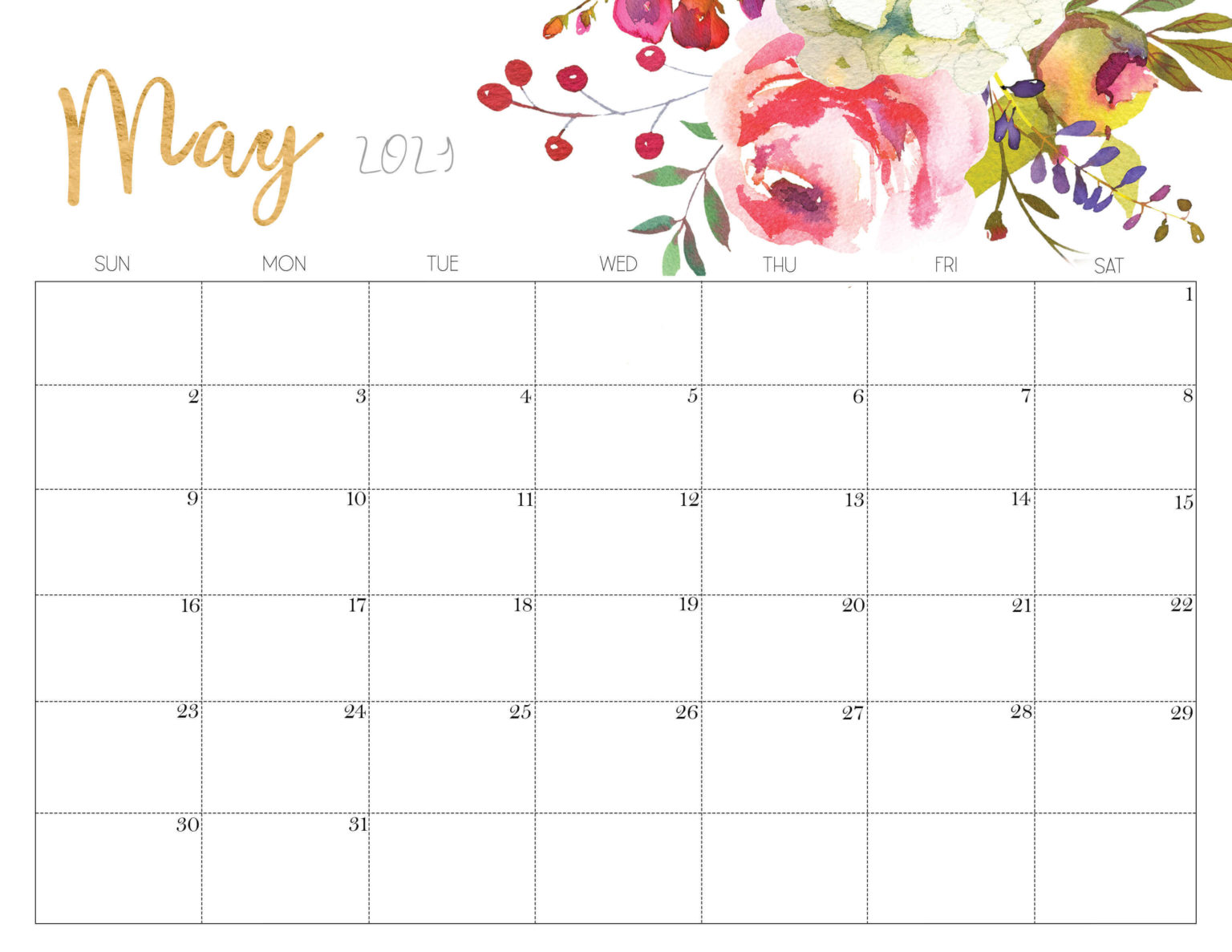 Cute May 2021 Calendar Printable Designs For Kids, Students, Home, Offices