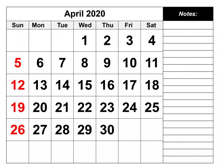 15 Editable April 2020 Fillable Calendar with Blank Large Space Notes ...