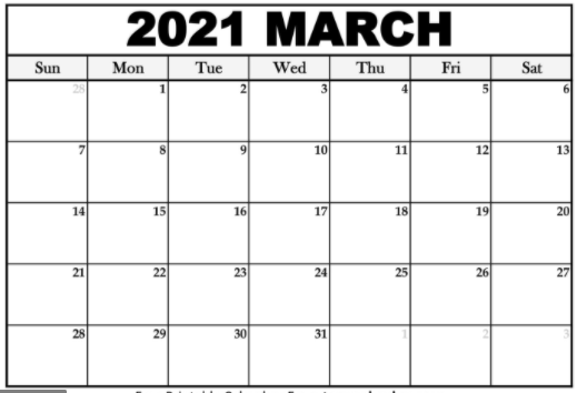 Calendar March 2021