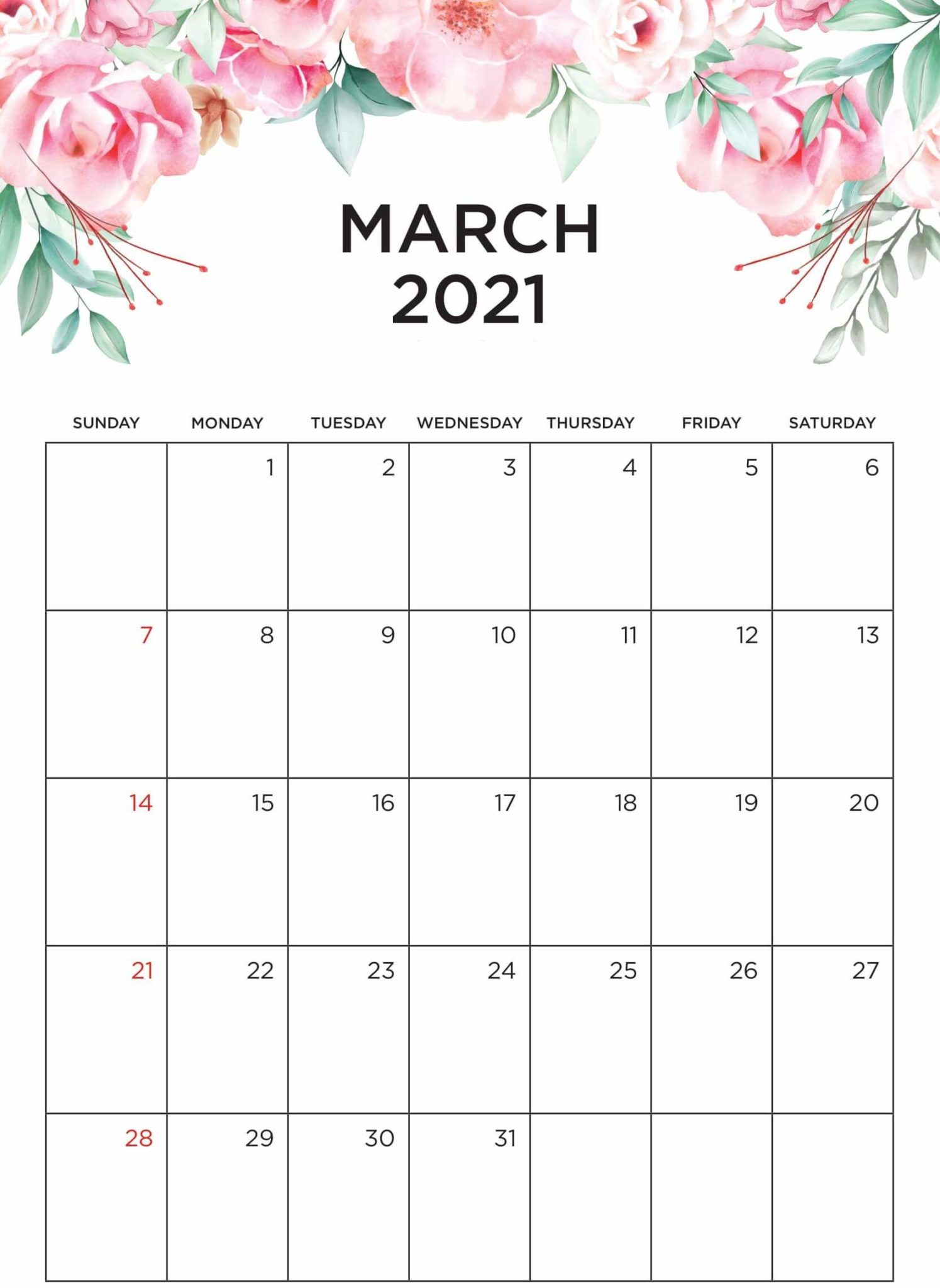 Cute March 2021 Calendar Floral Printable