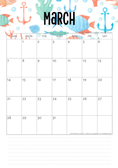Cute March 2021 Printable Calendar