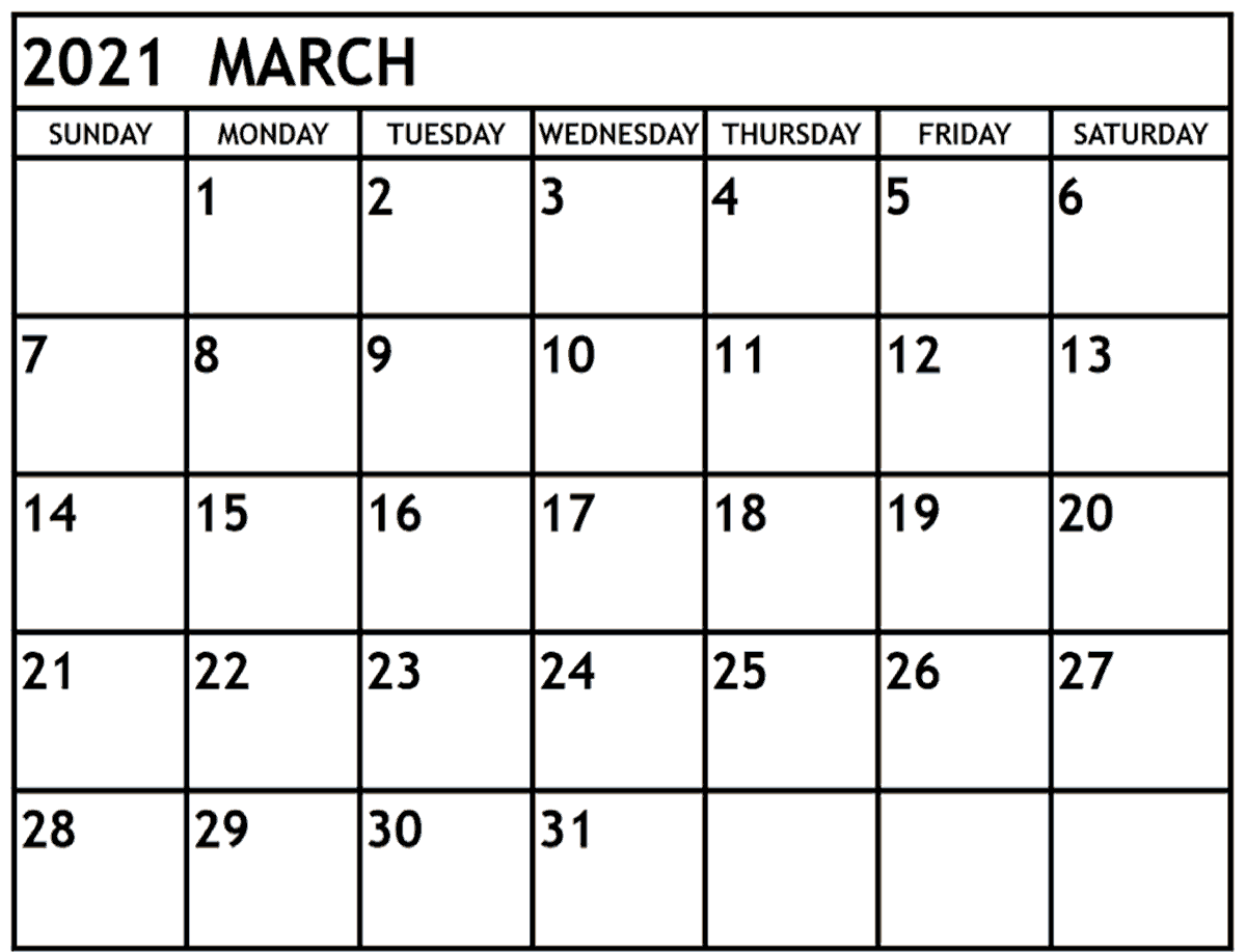 March 2021 Monthly Calendar Templates