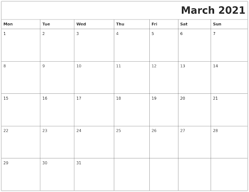 March Calendar 2021 Printable
