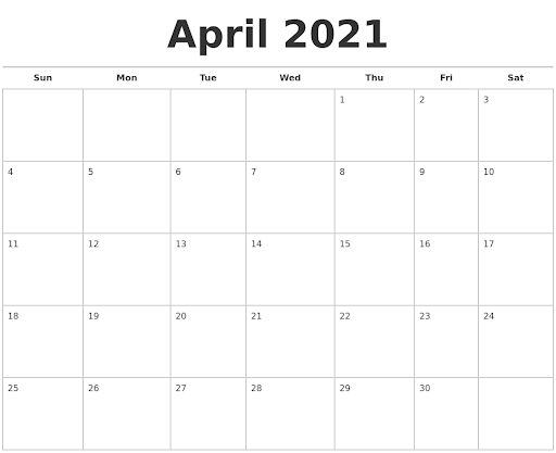 Calendar April 2021 PDF Word Excel