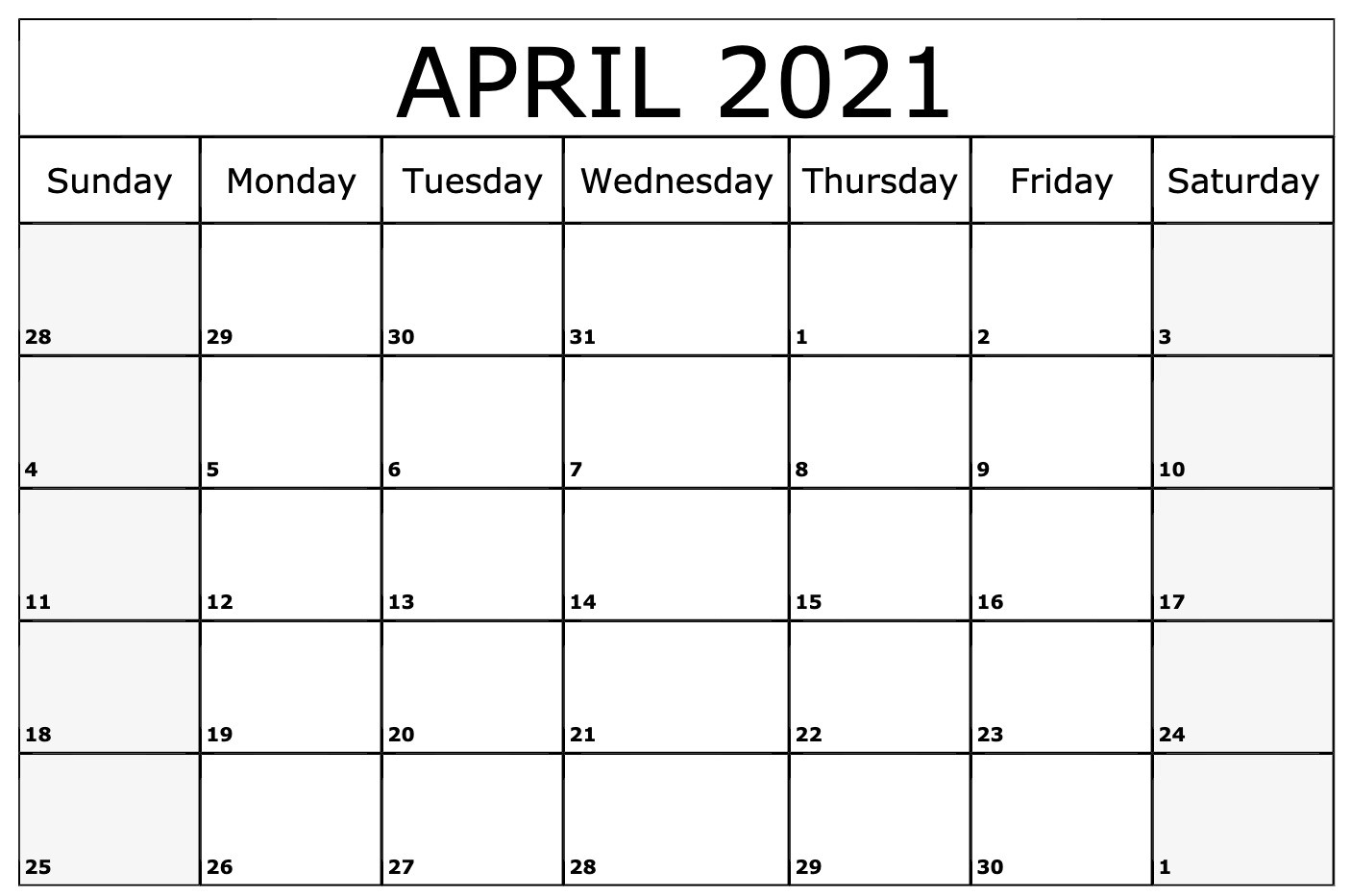 Free April Calendar 2021 Printable Template