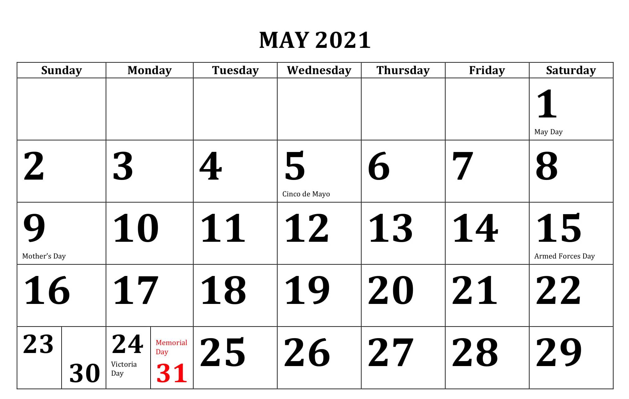 May 2021 Calendar USA Bank & Public Holidays Template