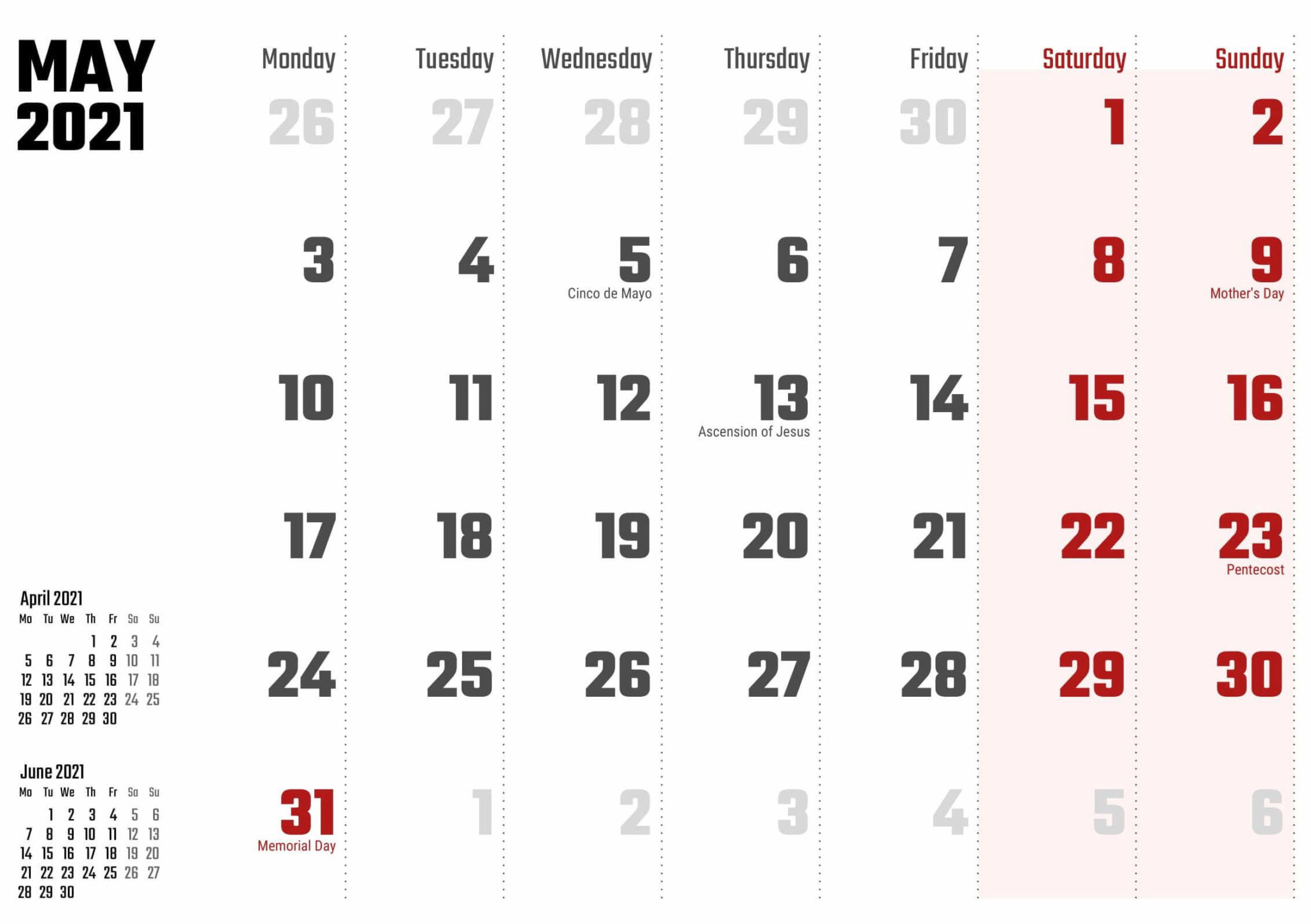 May 2021 Calendar USA Template with Holidays