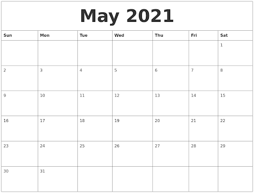 Free 2021 PDF May Calendar