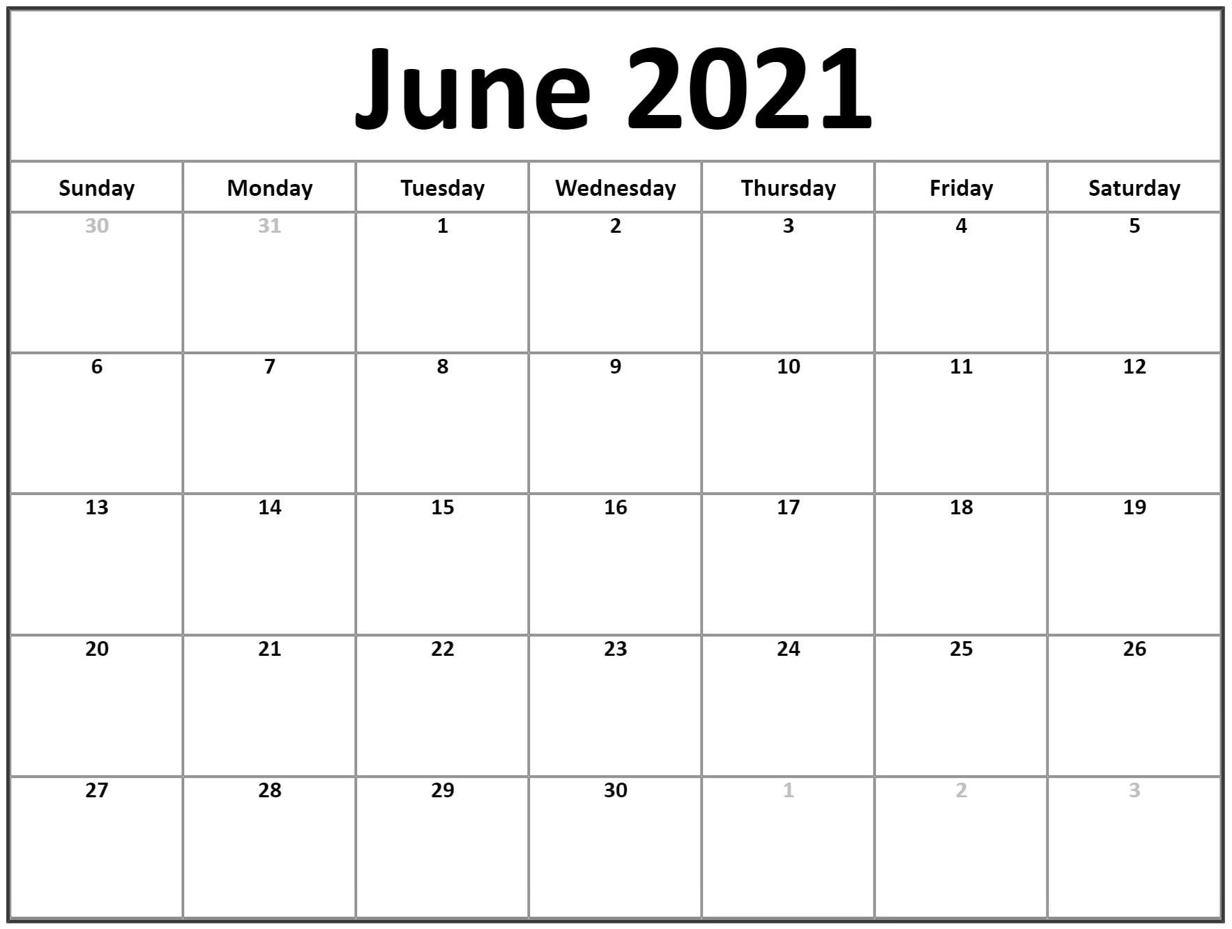 Free Blank June 2021 Calendar Printable Template