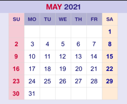 May 2021 Monthly Calendar Template