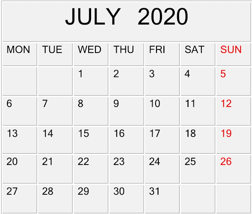 Blank July 2020 Calenda