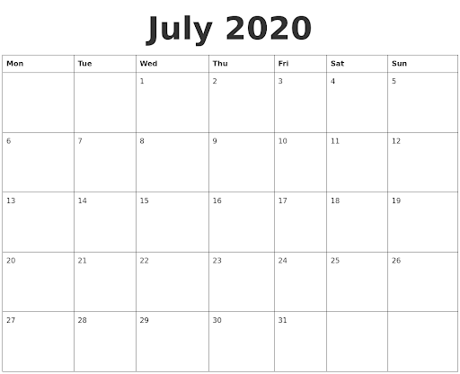 Blank July 2020 Calendar Template