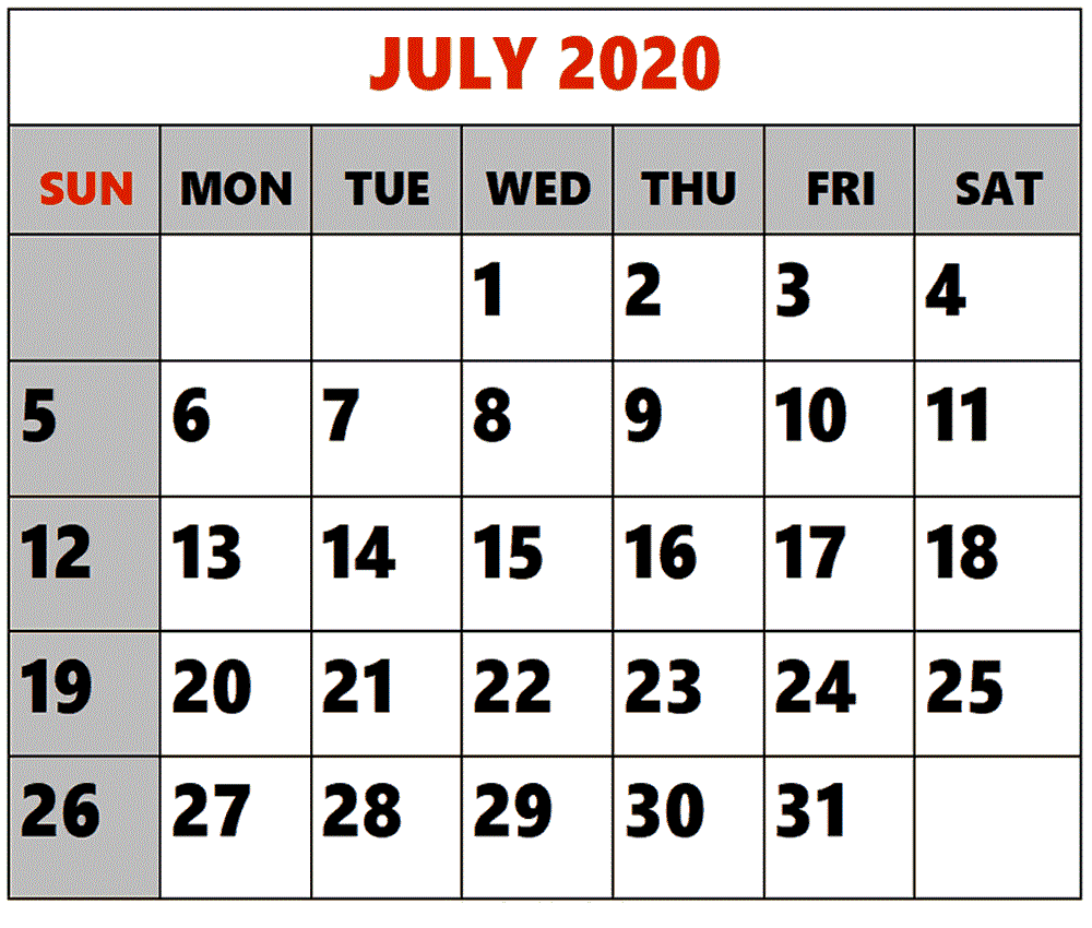 Free Printable July 2020 Blank Calendar Template