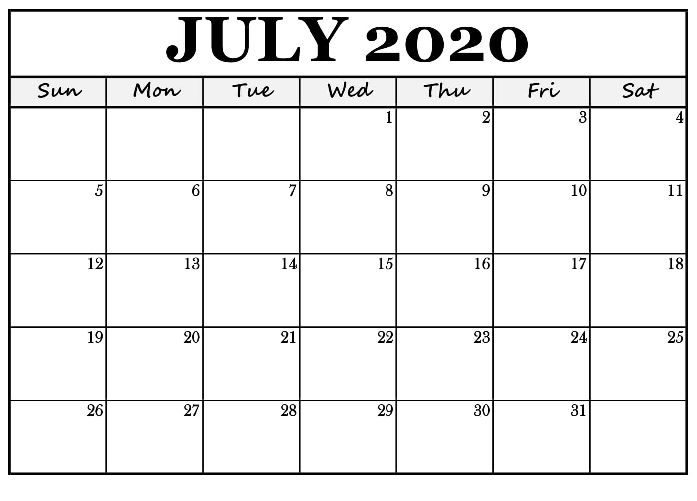 Free Printable July 2020 Calendar Template