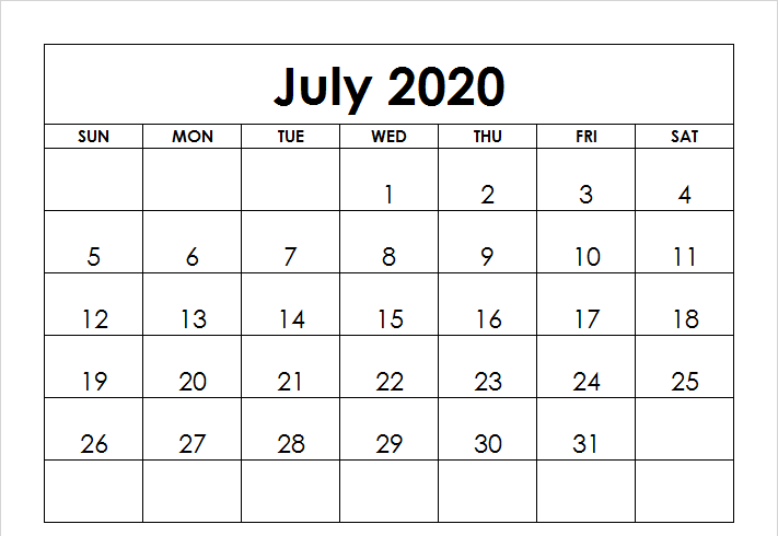 July 2020 Calendar Blank Template