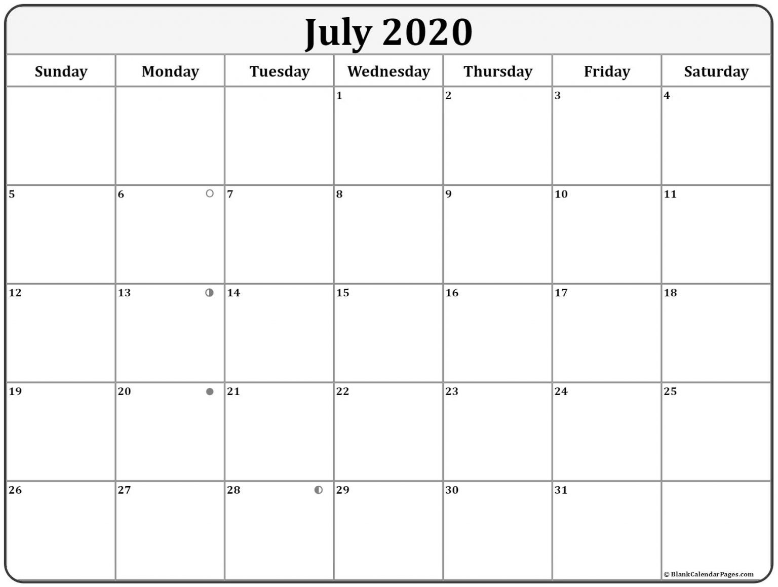 New & Full July 2020 Moon Phases Calendar with Lunar Dates