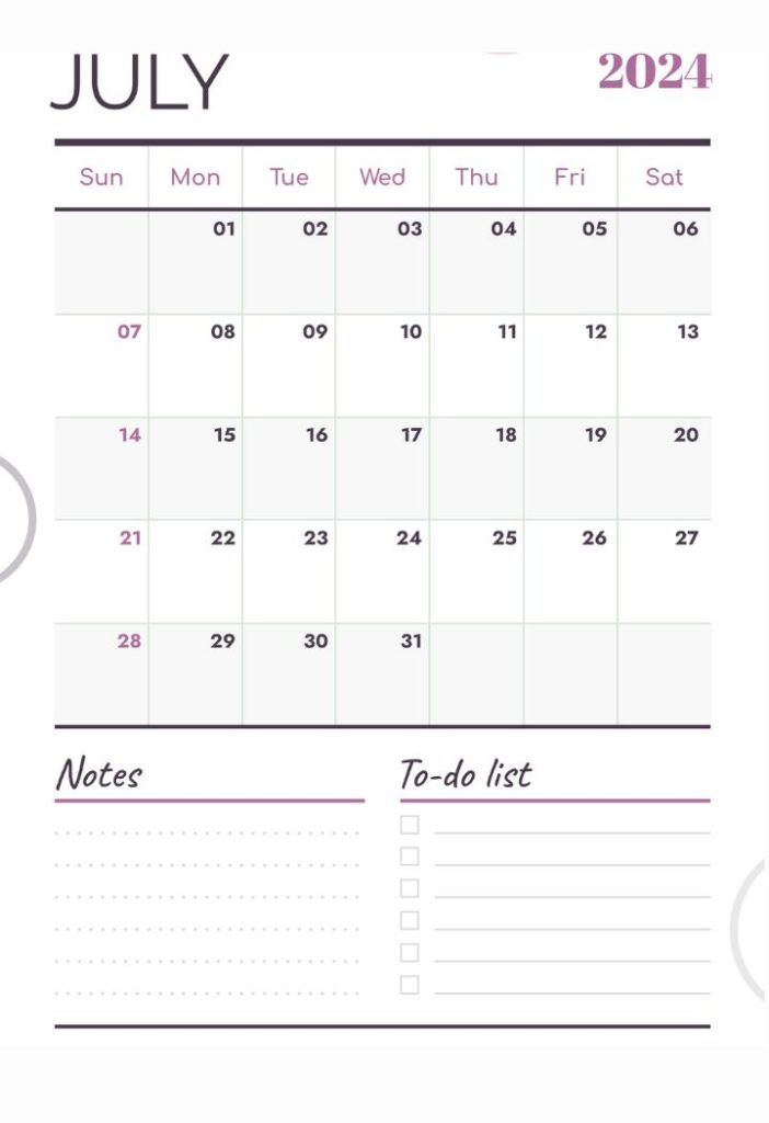 2024 July to do list Calendar