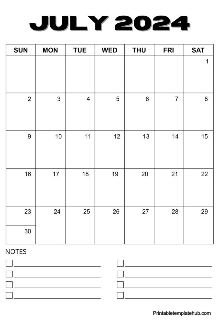 Fillable July 2024 Calendar With Notes