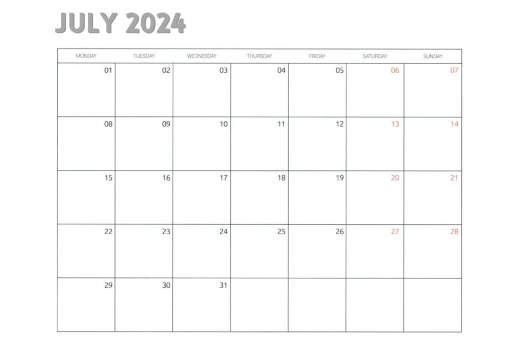 Free Fillable July 2024 calendar