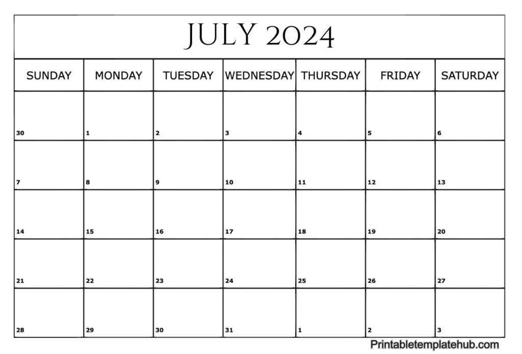 July 2024 blank Landscape calendar