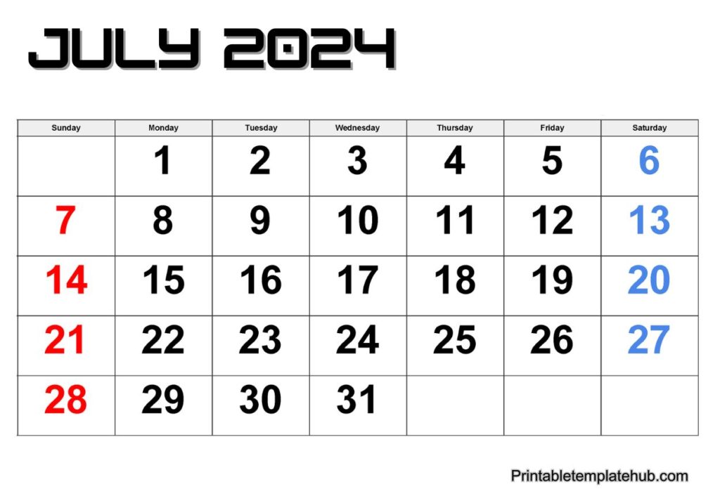 July 2024 blank page calendar
