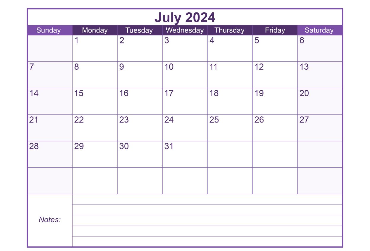 July 2024 simple notes Calendar