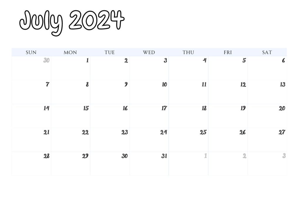 July 2024 blank Portrait calendar