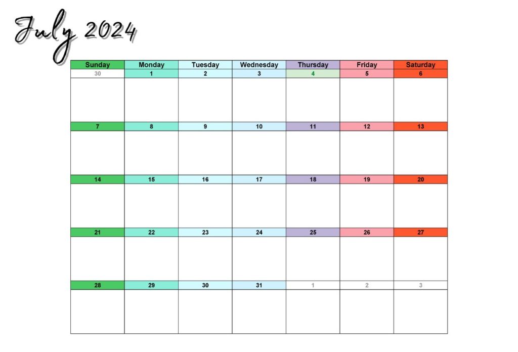 Printable Fillable July 2024 calendar
