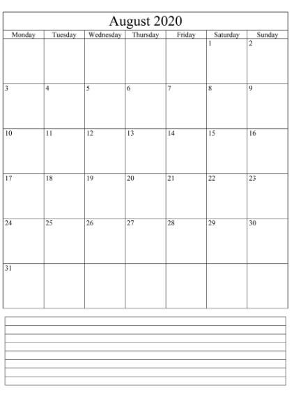August 2020 Portrait Calendar
