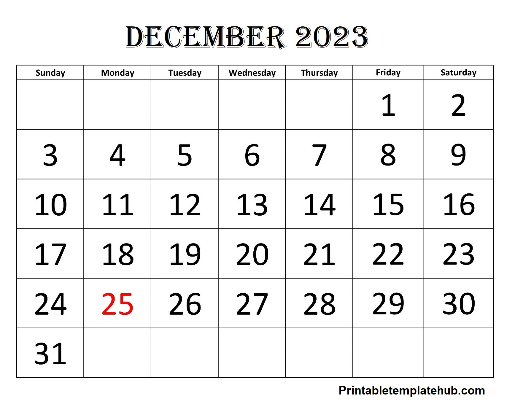 Printable December 2023 Calendar Free