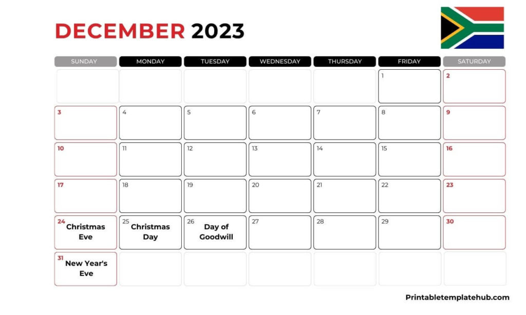 December 2023 South Africa Calendar