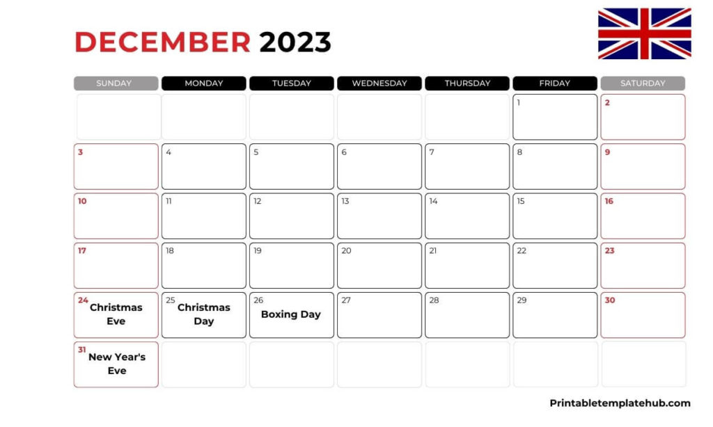 December 2023 UK Calendar