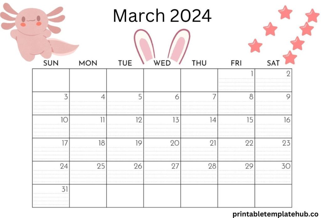 Cute Free March 2024 Calendar