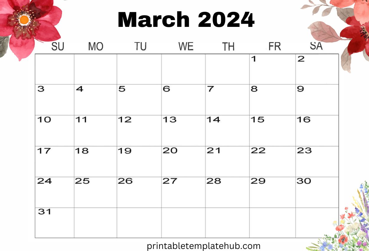 Floral March 2024 Calendar For Desk