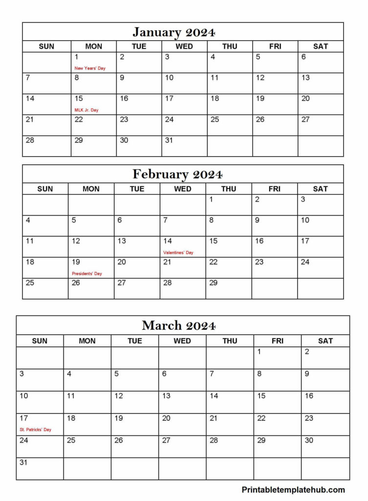 Free Printable January To March 2024 Calendar