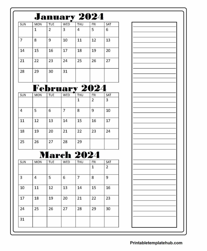 January To March 2024 Free Calendar