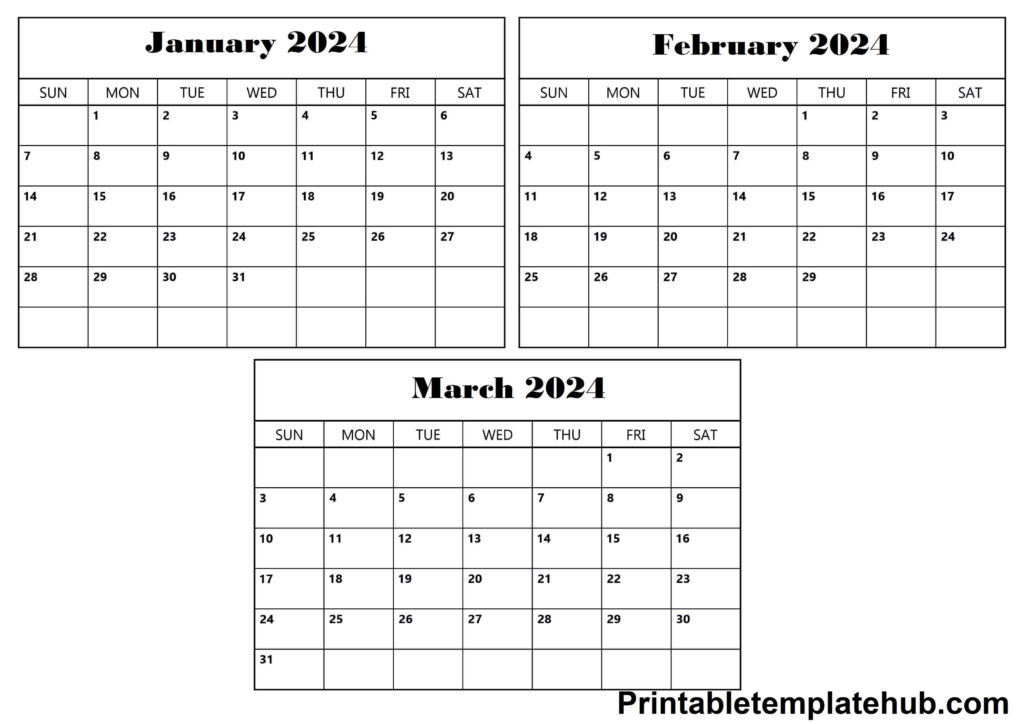 January To March 2024 Printable Calendar