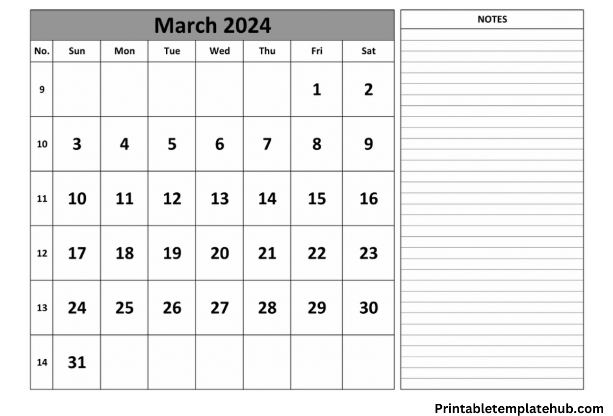 March 2024 Calendar editable word