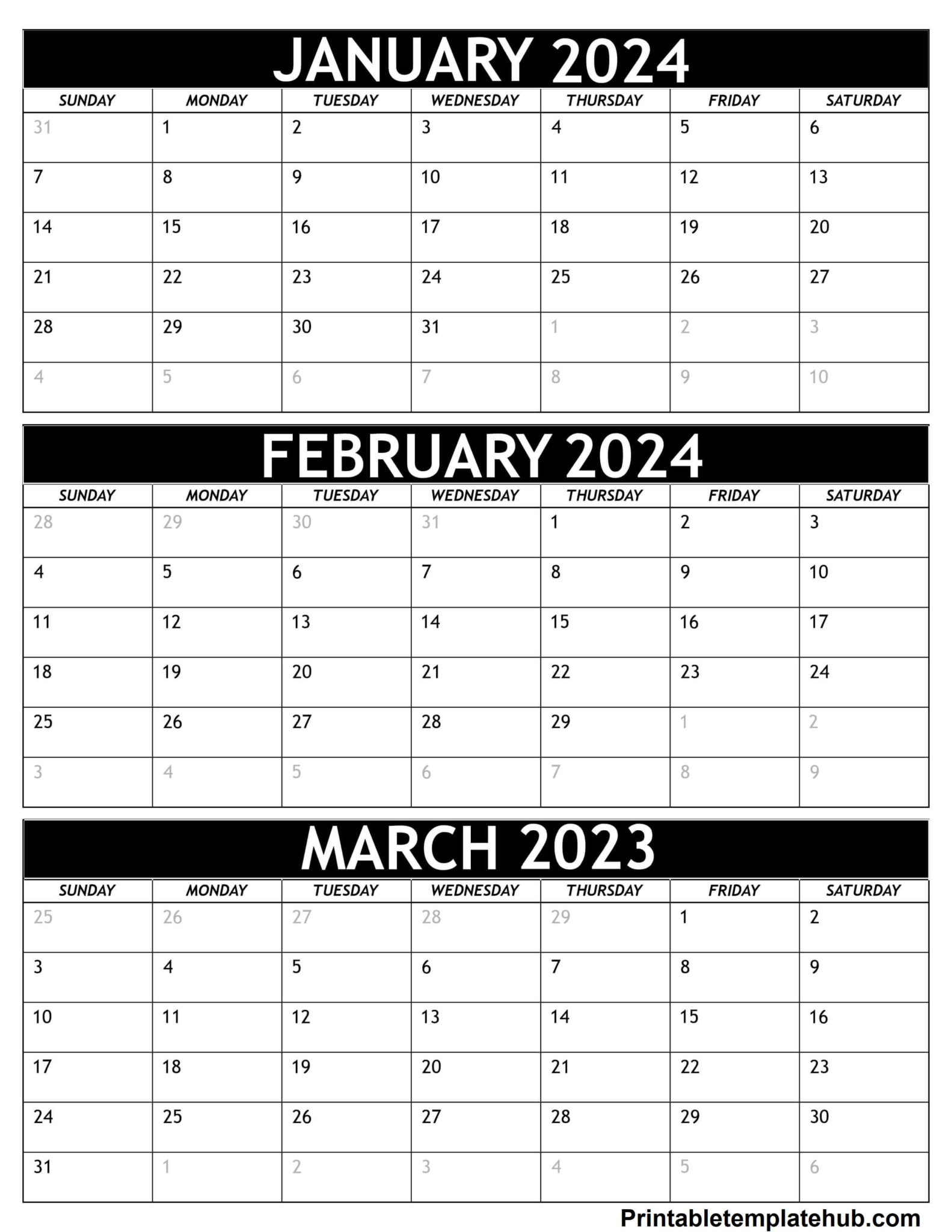 Printable January To March 2024 Free Calendar