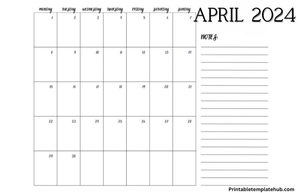 April 2024 Blank Free Calendar Page