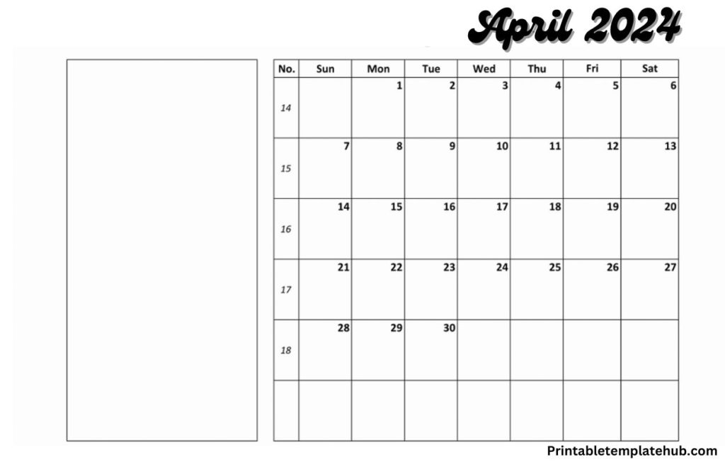 April 2024 Calendar Blank Template PDF