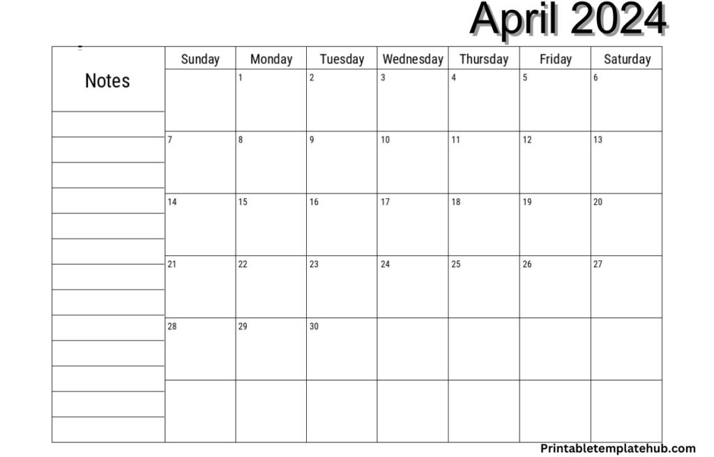 April 2024 Calendar Blank Template Word
