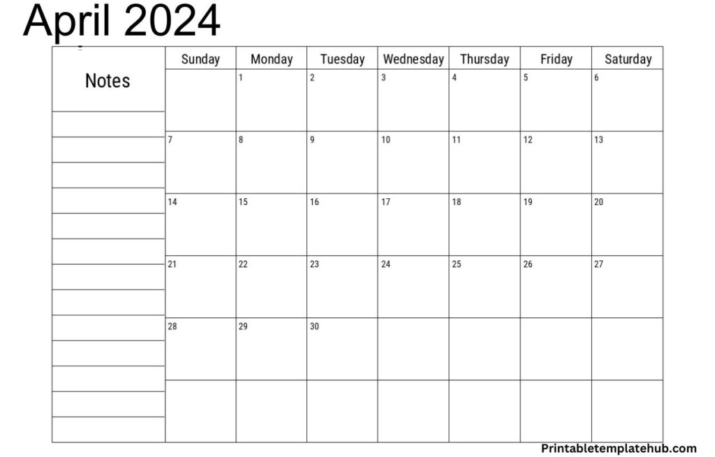April 2024 Calendar With Fillable Notes