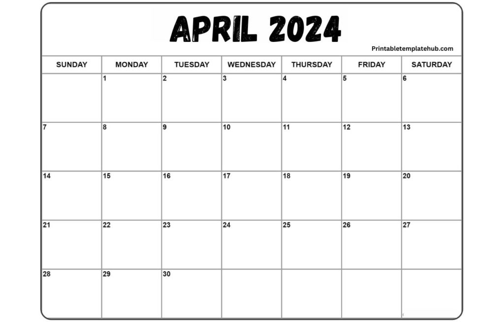 April 2024 Calendar blank notes