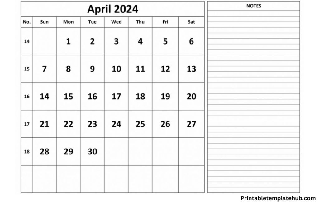 Blank April 2024 Calendar With Note