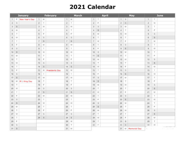 Printable Yearly 2021 Calendar Excel