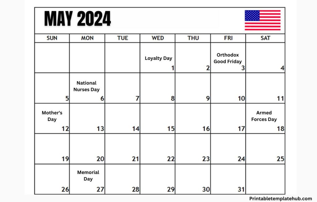 May 2024 Monday Start USA Calendar