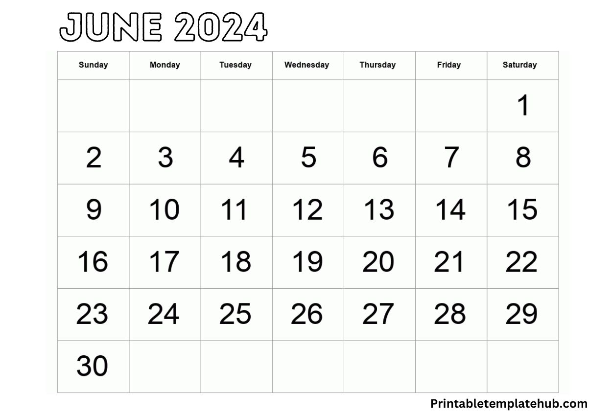 June 2024 A4 Calendar Printable Free