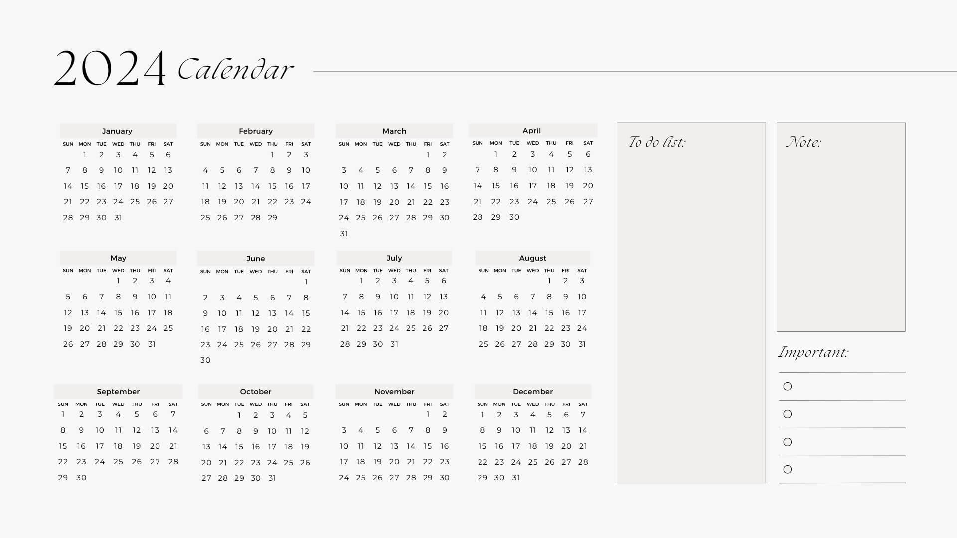 12 Month Calendar one page template with notes